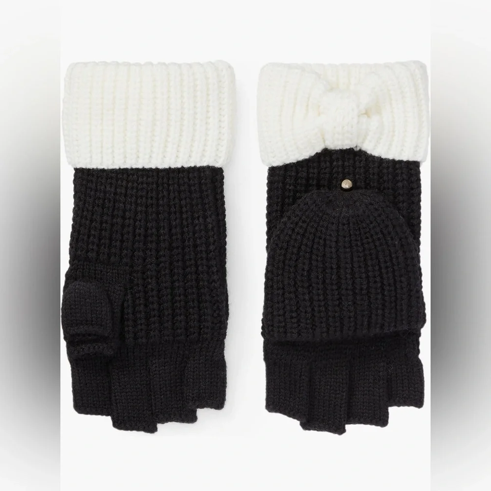 Kate Spade Bow Cuff Pop Top Mittens in Black and Cream